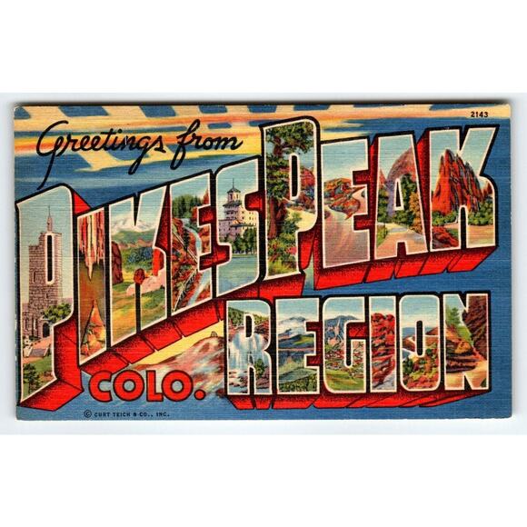 Greetings From Pikes Peak Region Colorado Large Letter Linen Postcard Curt Teich - Picture 1 of 2